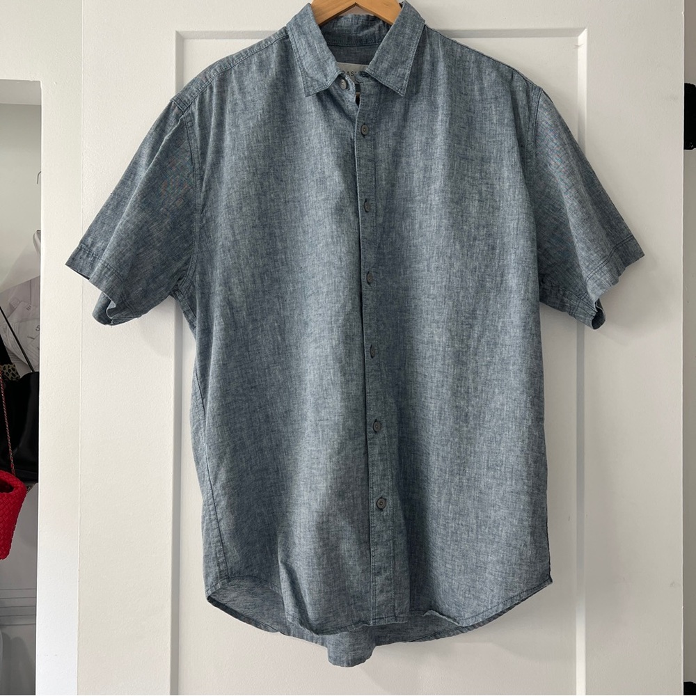 Coastaoro Men's Chambray Blue Button-Up Short Sleeve Shirt Linen Medium